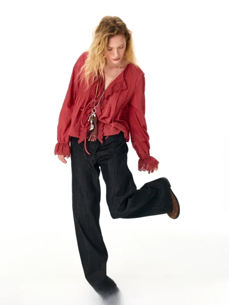 

Lace irt Cotton Ruffle Collar Long Sve V-ne Women's Loose Fit irt Red White Bla Original Design Summer 2025