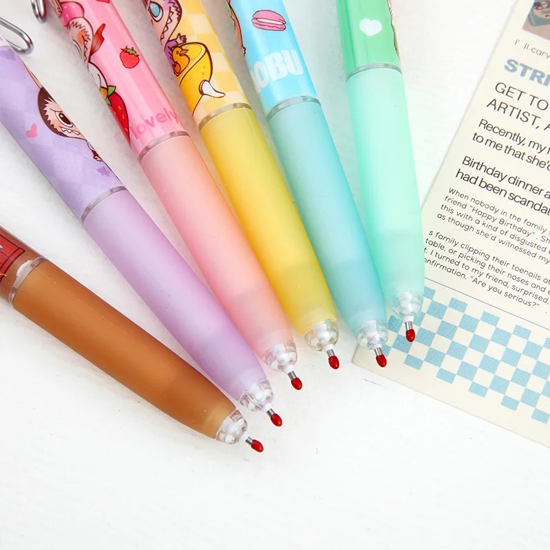 Labubu Paste Acrylic Neutral Pen 6pcs Kawaii Press Signature Pen Cartoon Student Stationery 0.5mm Blue Writing Tool