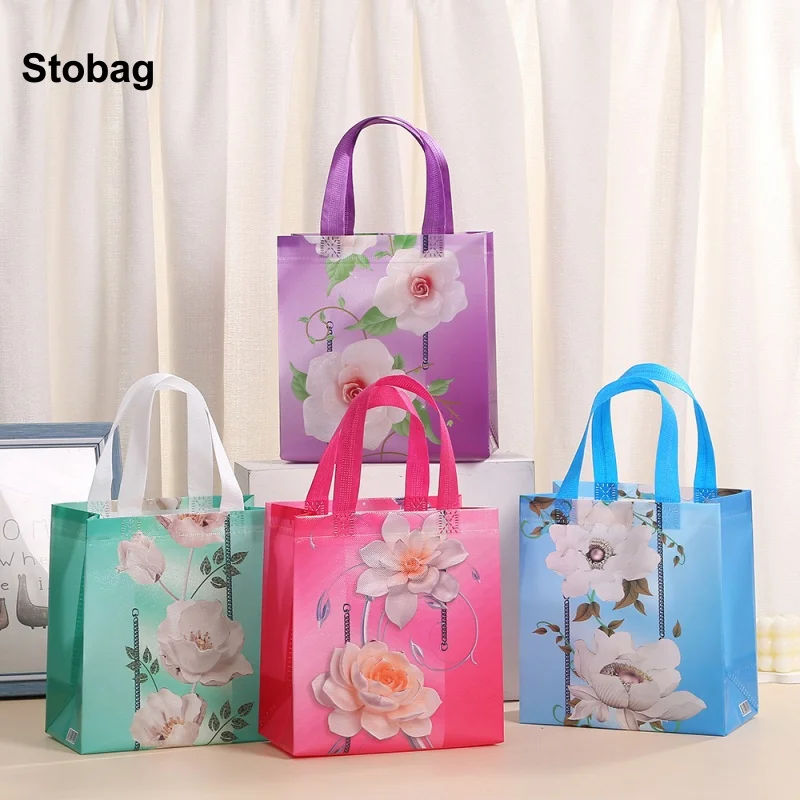 

StoBag 12pcs New Flowers Non-woven Gift Tote Bags Cute Fabric Package Waterproof Storage Reusable Pouch Birthday Party Favors