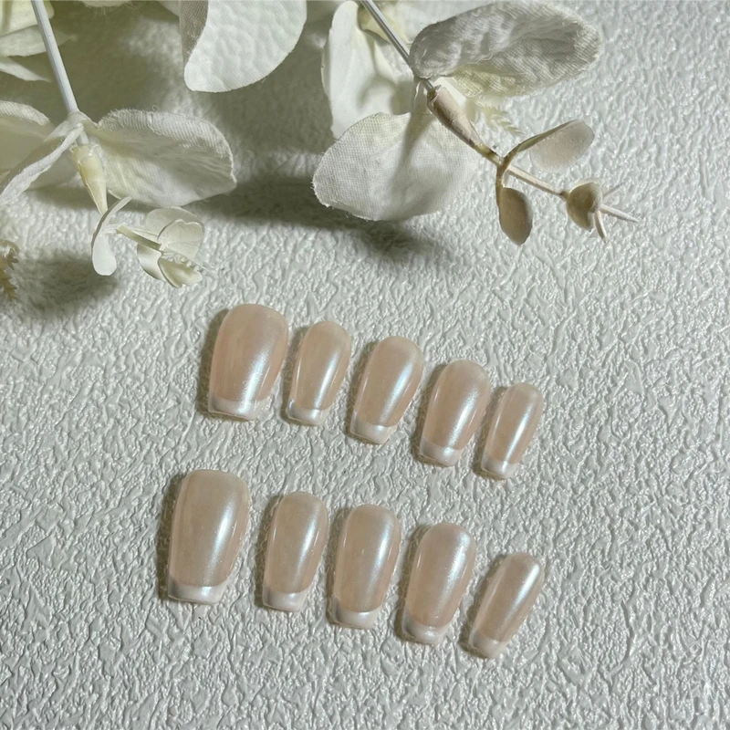 Handmade French Press on Nails Nude Color Designs Fake Nails Full Cover Short False Nails Coffin Manicure Artificial Finger Tips