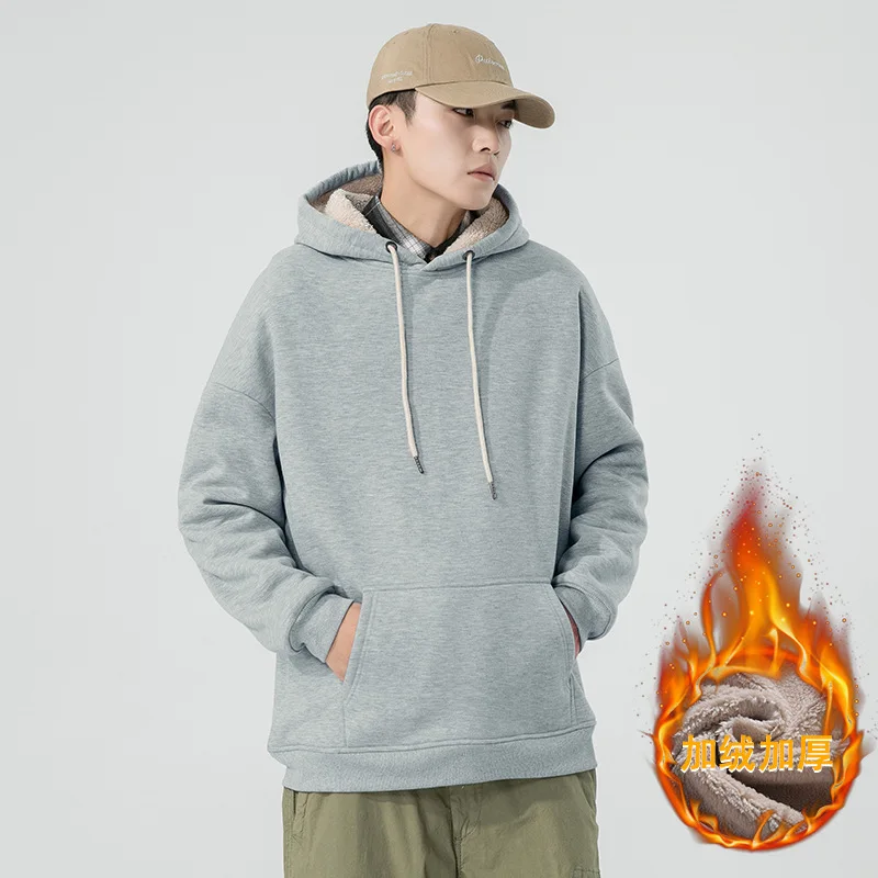 Mens Fleece Hoodie Autumn Winter  Street Fashion Big Pocket Jacket Thickened Fleece Crewneck Pullove