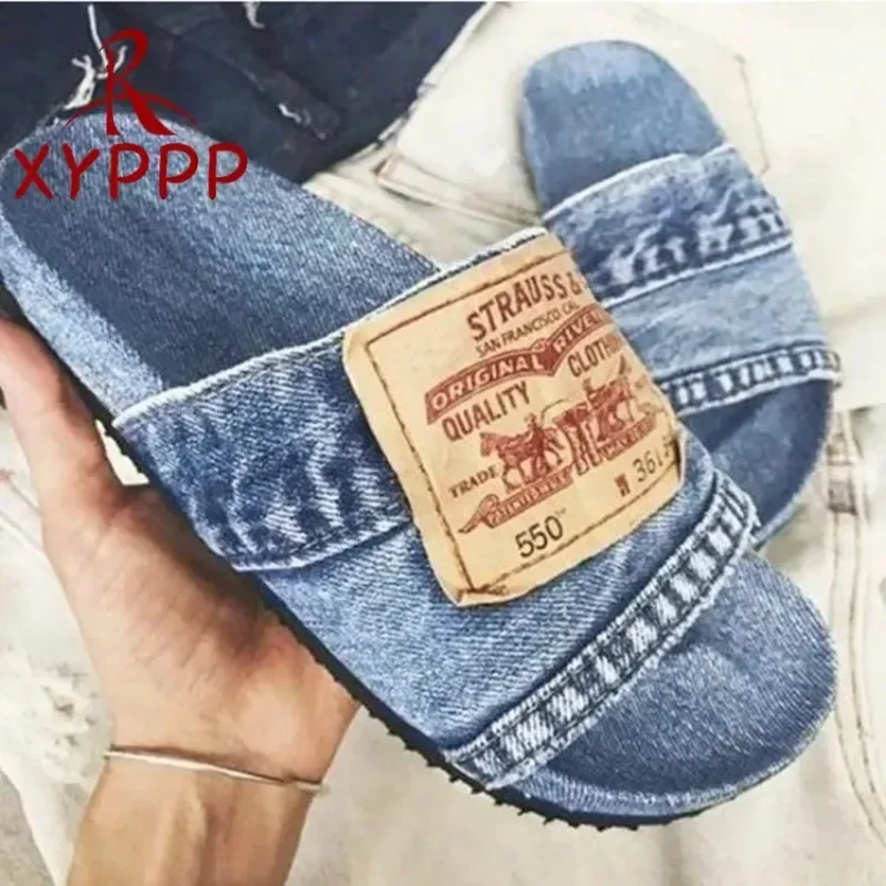 2024 NEW Denim Slipper Female Shoes Non-slip Comfortable Summer Flat Slippers Woman Slides Outdoor Beach Casual Shoes Women