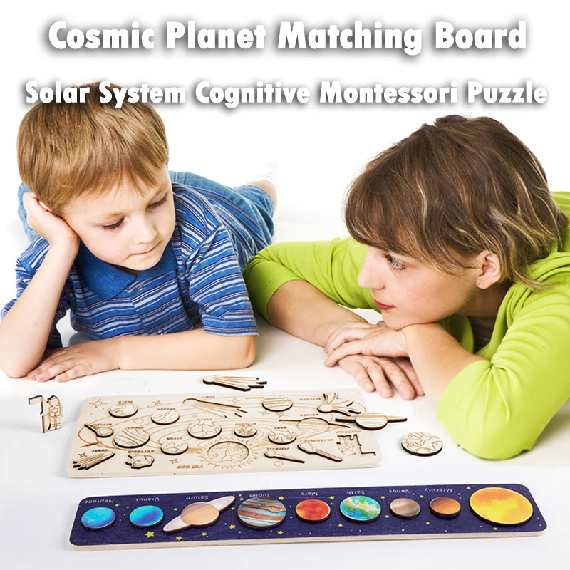 Children Wooden Space Planet Puzzles Montessori Toys Planet Matching Game Jigsaw Tray Universe Solar System Science Learning Toy