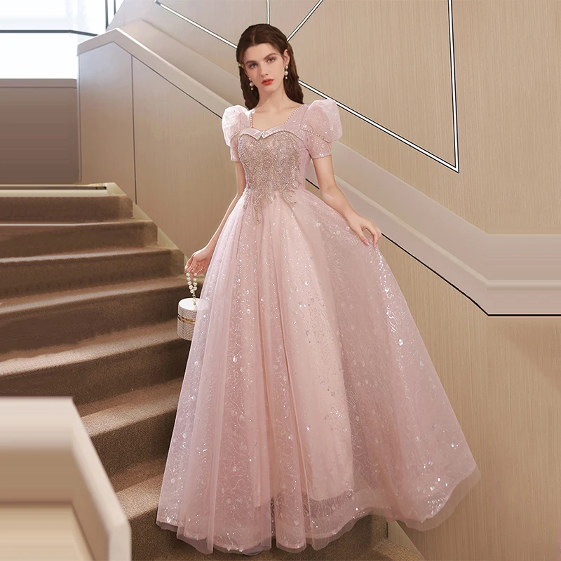 

Customized Pink Lace Appliques Evening Party Dresses With Sleeve Ball Gown Prom Dresses Plus Size Pearl Vestido De Festa