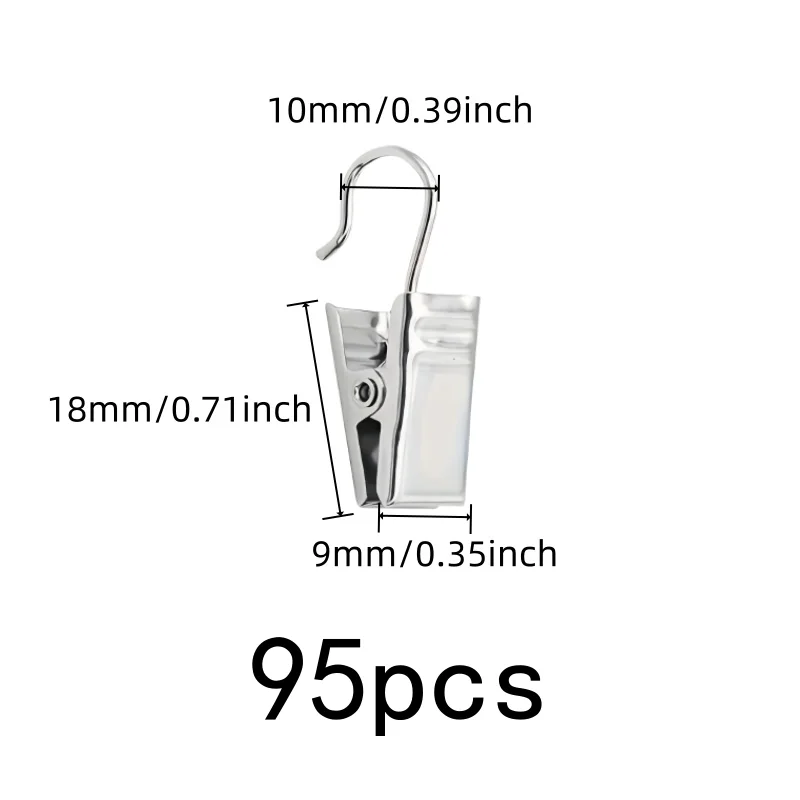 95 pcs Open Curtain Hooks, Photo Hanging Display, Silver Open-End Design, Easy Slide On Rod, Multipurpose
