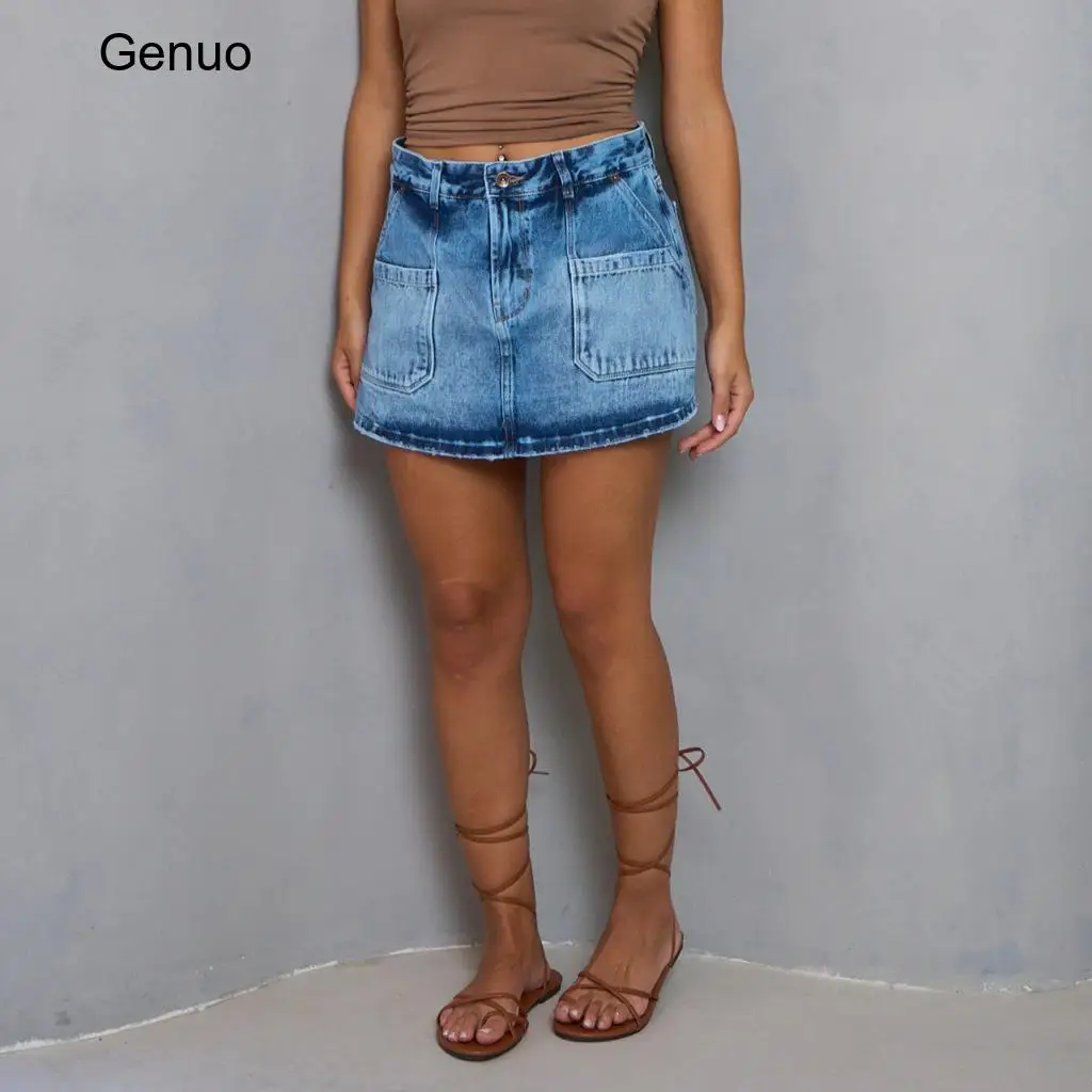 2026 High Waist Cargo Pocket Denim Skort Light Wash Slim Mini Jean Skirt Y2K Ladies Bottoms