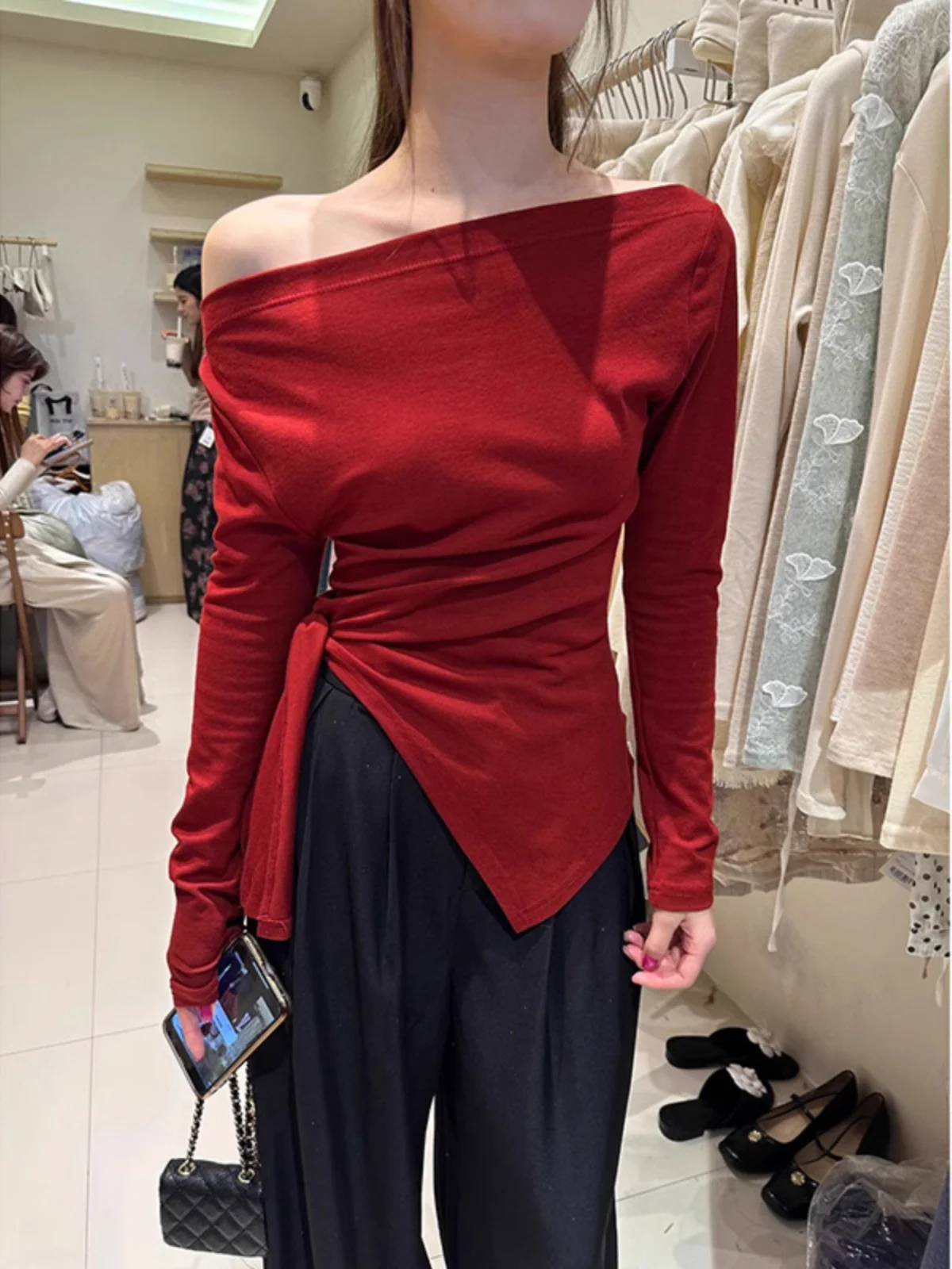 Pure Desire Spicy Girl One Shoulder Knitted Sweater Women's Spring Autumn New Tight Short Irregular Slit Small Top