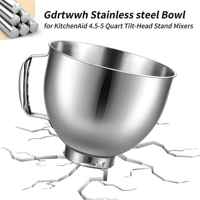 1 PCS Bowl Stainless Steel Silver For Kitchenaid 4.5-5 Quart Tilt Head Stand Mixer, For Kitchenaid Mixer Bowl, Dishwasher Safe