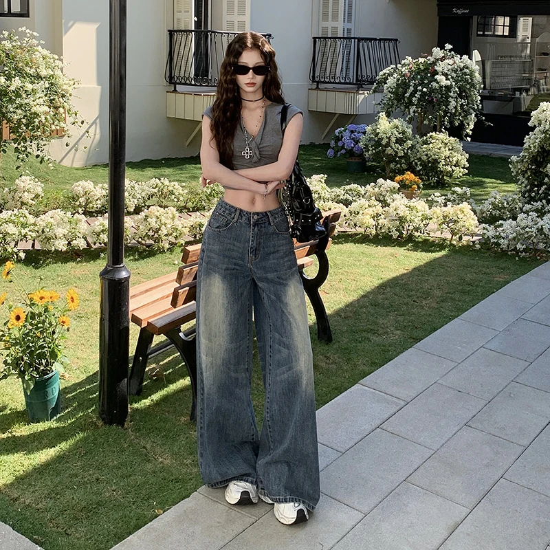 

Vintage Washed Faded Blue Jeans Spring Summer New Style Drape Wide Leg Straight Long Pants Extra Long