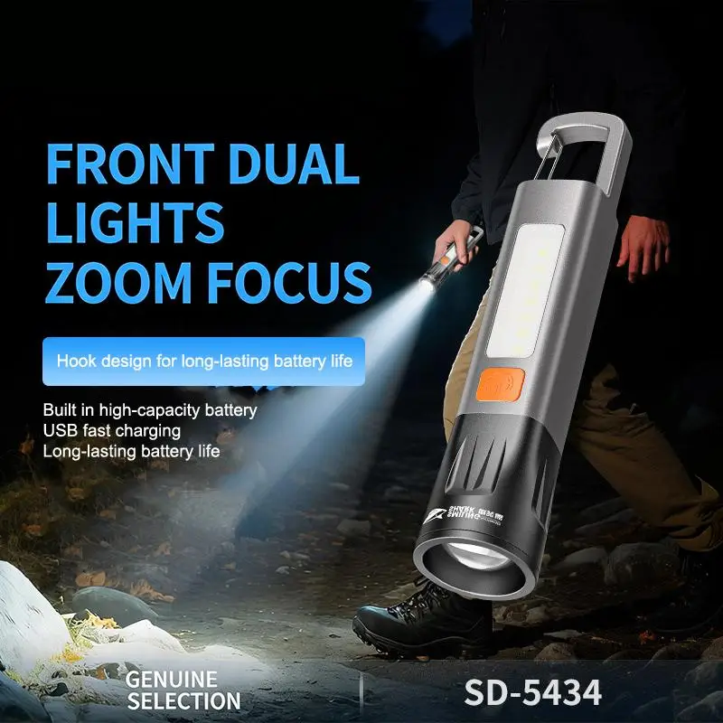 Strong Lighting ABS Flashlamp USB Charging Portable Outdoor Small Flashlight Camping Hanging Lamp Telescopic Focus COB Side Lamp