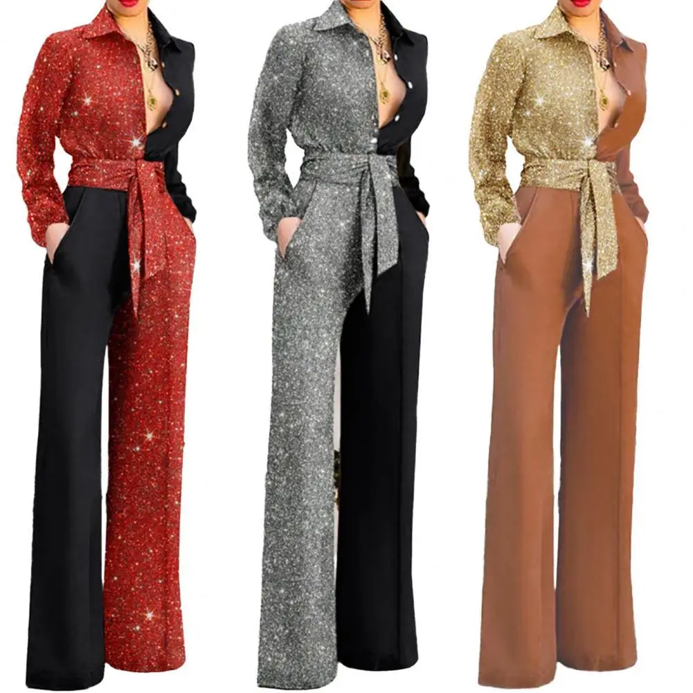 

Women Jumpsuit Turn-Down Collar Long Sleeve Wide Leg Women Jumpsuit Shiny Patchwork Color Belt Pocket Romper Overalls Streetwear