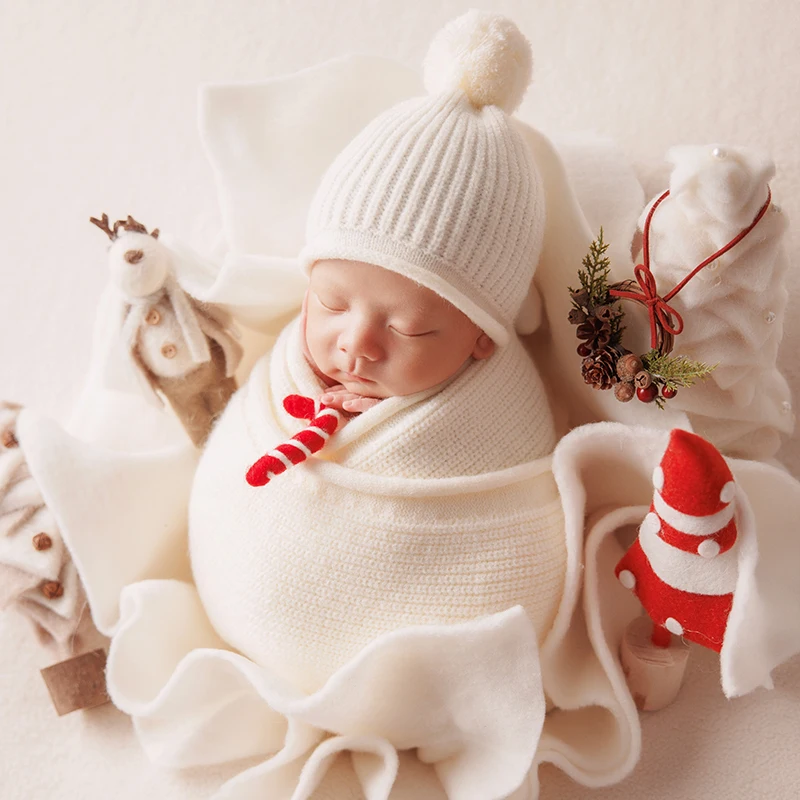 Christmas Newborn Photo Props Knitted Wool Hat Wrap Set Felt Cloth Bouquet Shape Baby Posing Props Doll Ornament Keepsake Gift