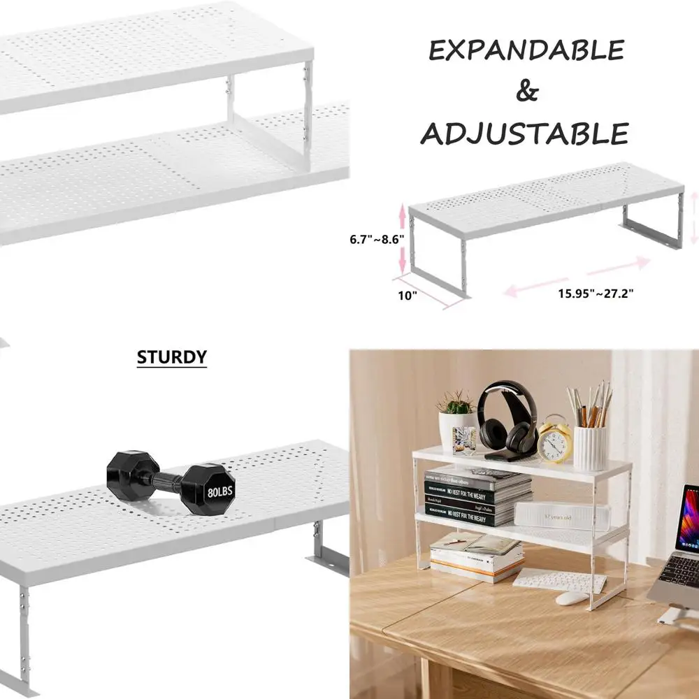 

Adjustable Metal Wire Shelf Organizer - Stackable and Expandable Rack for Kitchen, Bathroom, Cabinet, Office - Space-Saving, Dur