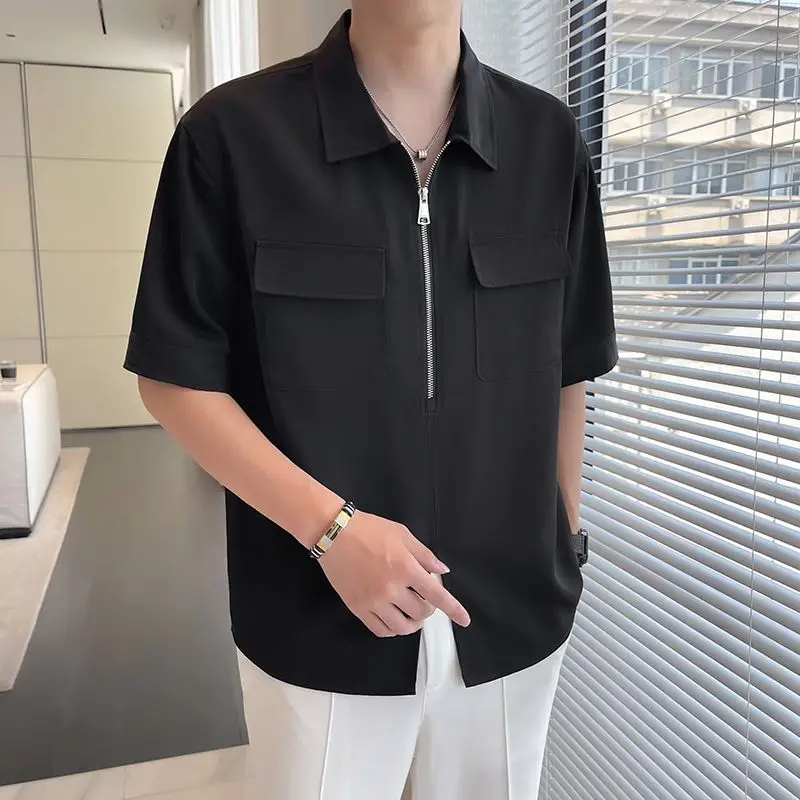 Fashion Lapel Zipper Pockets Solid Color Korean Shirts Men\'s Clothing 2024 Summer New Loose All-match Tops Casual Shirts