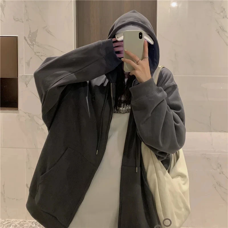 Harajuku Fashion Women Oversized Casual Y2k Zip Up Hoodie Sweatshirt Female Streetwear Hooded Pocket Zipper Sweat Shirt Clothes