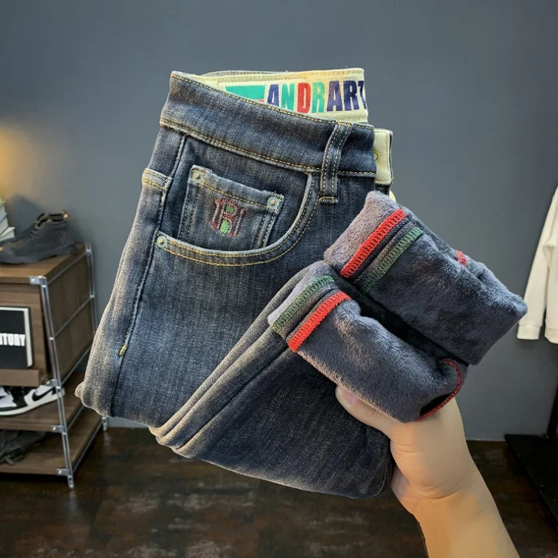 Fleece-Lined Thick Jeans Men's Winter 2024 New Casual Small Straight Pants Slim-Fit Fleece All-Matching Trousers