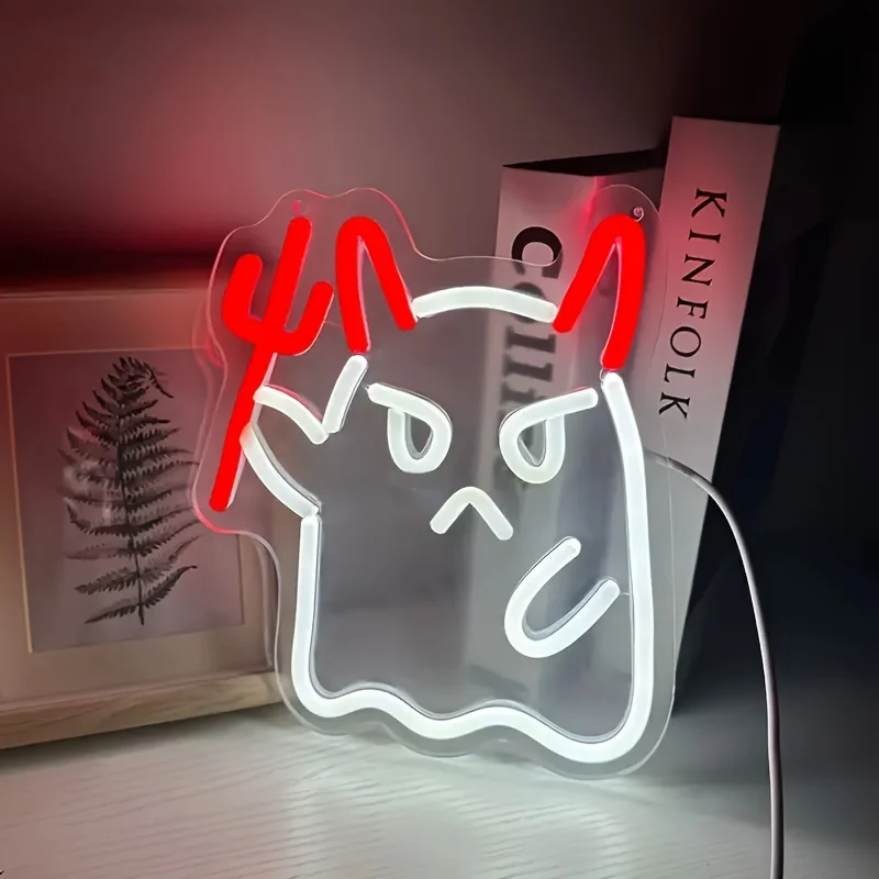 USB Dimmable  Little Devil Neon Sign LED Desk Light Acrylic Cute Grumpy Cat Night Light for Bedroom Living Room Halloween Gift