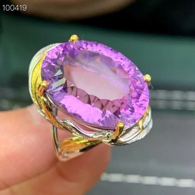 Natural Amethyst Ring, S925 Silver Two-tone Craft, 16*22mm Oval Main Stone, Adjustable Size, Handmade Gemstone Jewelry