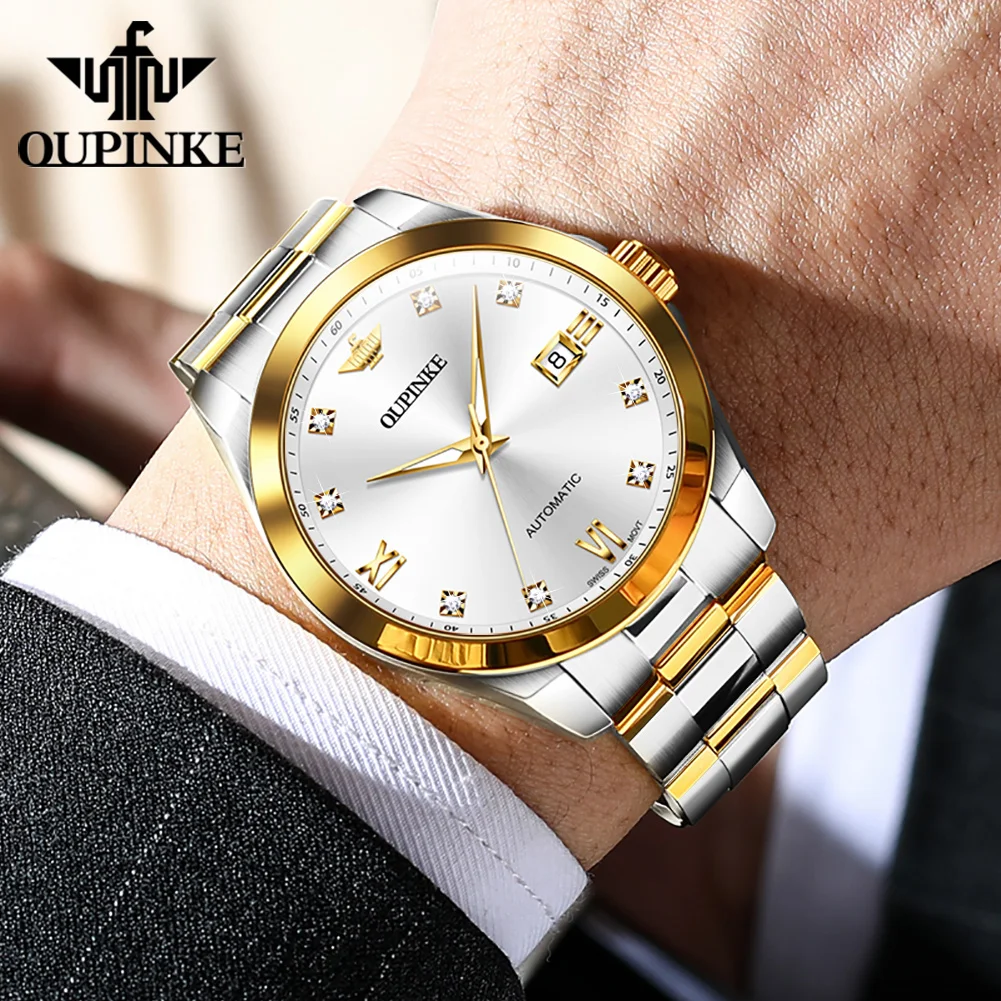 OUPINKE 3199 Real Diamond Luxury Watch For Men Mechanical Movement 50M Waterproof Wristwatch Original Calendar Man Dress Watches