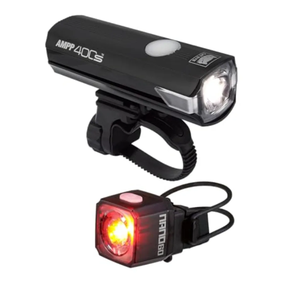 

AMPP400S and NANO60 Bike Light Set USB-C 400 Lumen Headlight and 60 Lumen Tail Light with OptiCube™ Lens Daytime Hyperflash 360