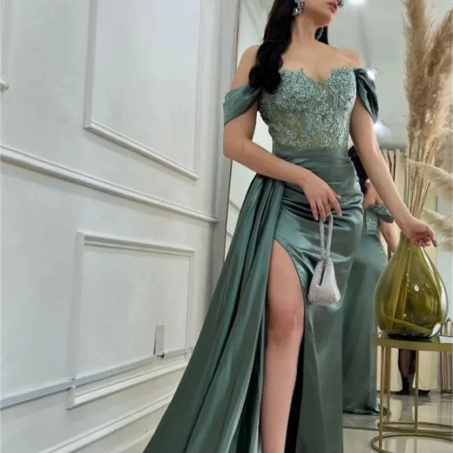 Romantic green off-shoulder mermaid ballgown elegant side-sweeping fishtail lace embroidered trumpet vest evening dress