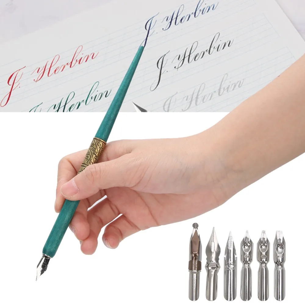 7pcs Innovative Antique Finish Dip Pen Set Wooden Handle Flat Nib Design Calligraphy Dip Pen Wooden Dip Pen Stationery Lovers