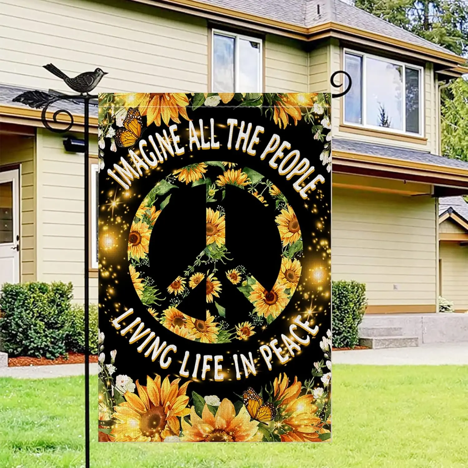Glawry Hippie Sunflower Garden Flag Double Sided 12Wx18L Inch Imagine All The People Living Life in Peace Flag Positive Quot zzo