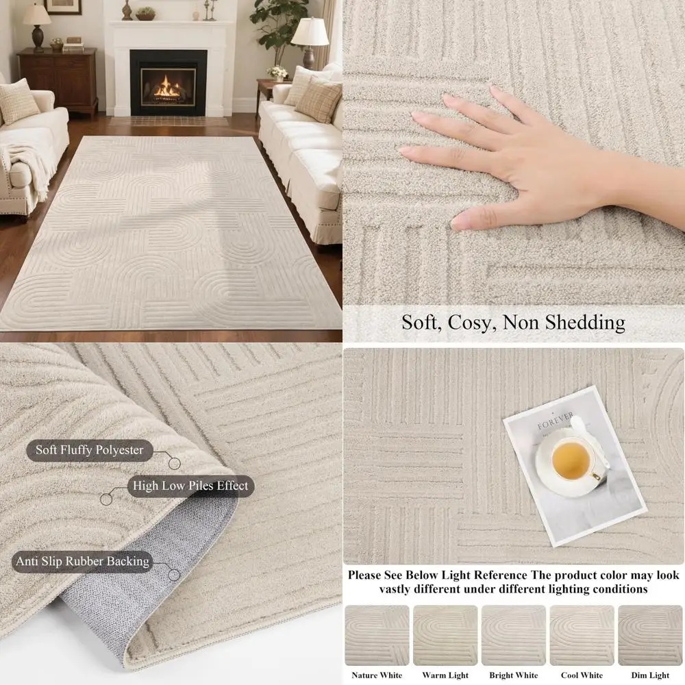 

SHACOS Soft Cozy Fluffy Arch Pattern High-Low Pile Textured Area Rug 5'3x7'3 Non Slip Washable Modern Geometric Rug Stain Resist