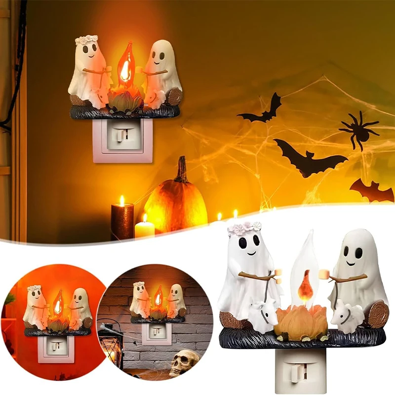 

Halloween Ghost Night Light Cute Ghosts By Campfire Plug In Decorative Table Lamp Festive Home Party Ambient Mood Lighting