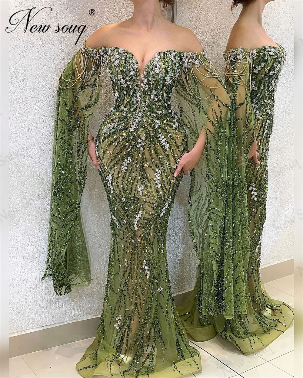 Robe de Soirée Verte à Perles, Tenue de Mariage, de Bal, Cocktail, Citroélégante, Dubaï, 2024