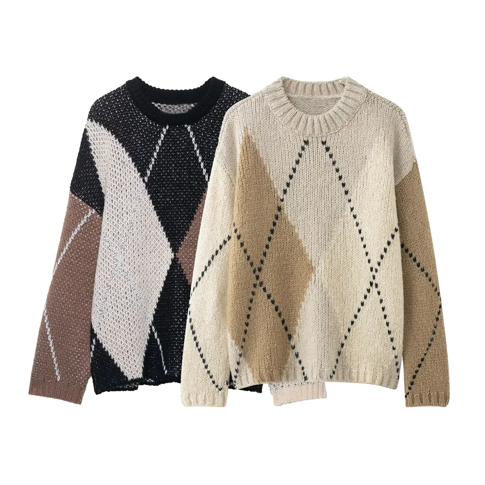 2025 겨울 신상 여성 패션 캐주얼 다용도 루즈 라운드넥 긴팔 풀오버 다이아몬드 패턴 니트 스웨터