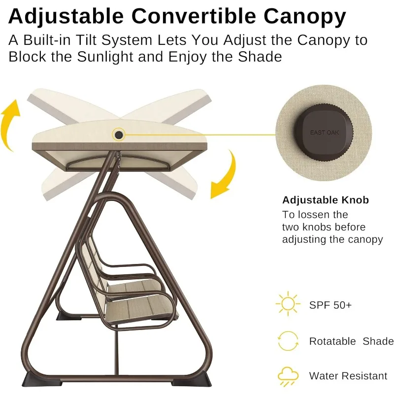 Pátio ao ar livre Swing Chair com dossel ajustável, Balanço da varanda, assentos confortáveis e respiráveis, Cadeira de jardim, 2 pessoas