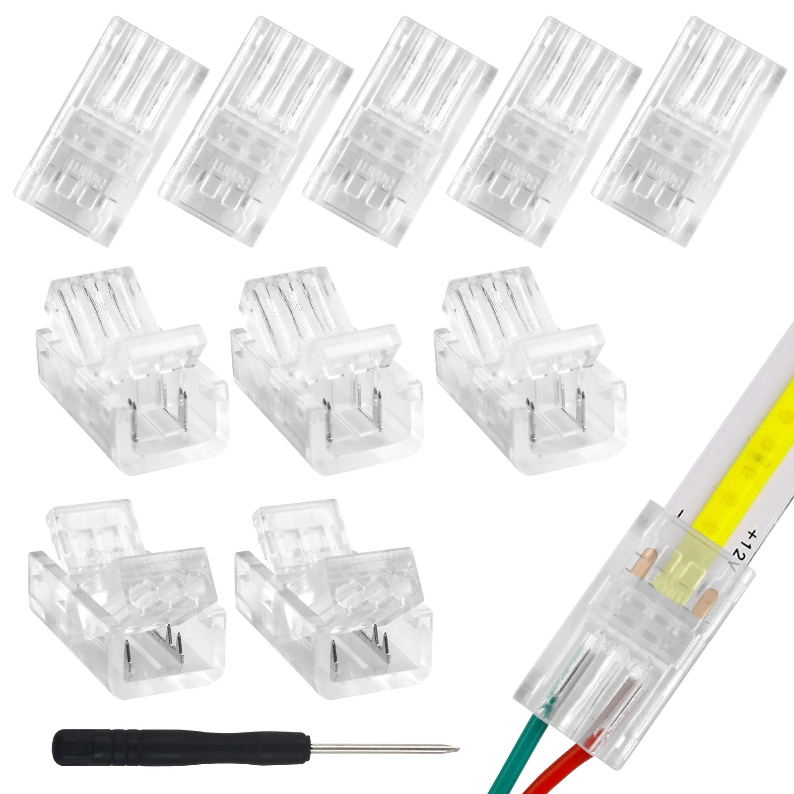 2-Pin 8mm COB LED Strip to Wire Connector, Solderless Adapter Extension Connection for High Density LED Strip Lights 12V 24V (10