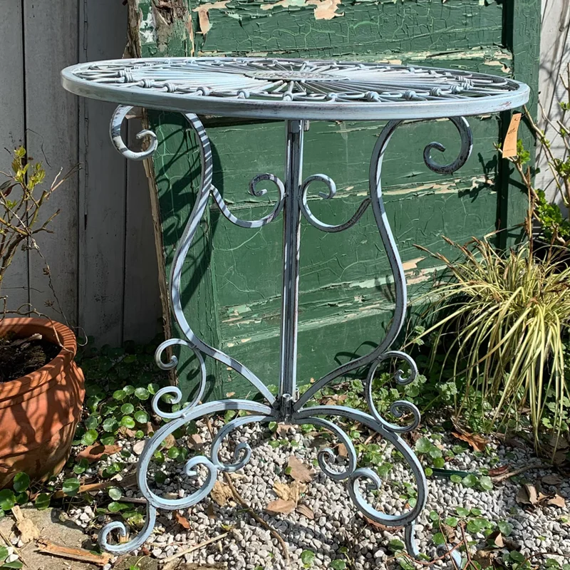 Vintage Blue Wrought Iron Folding Table with Floral Cutout Design