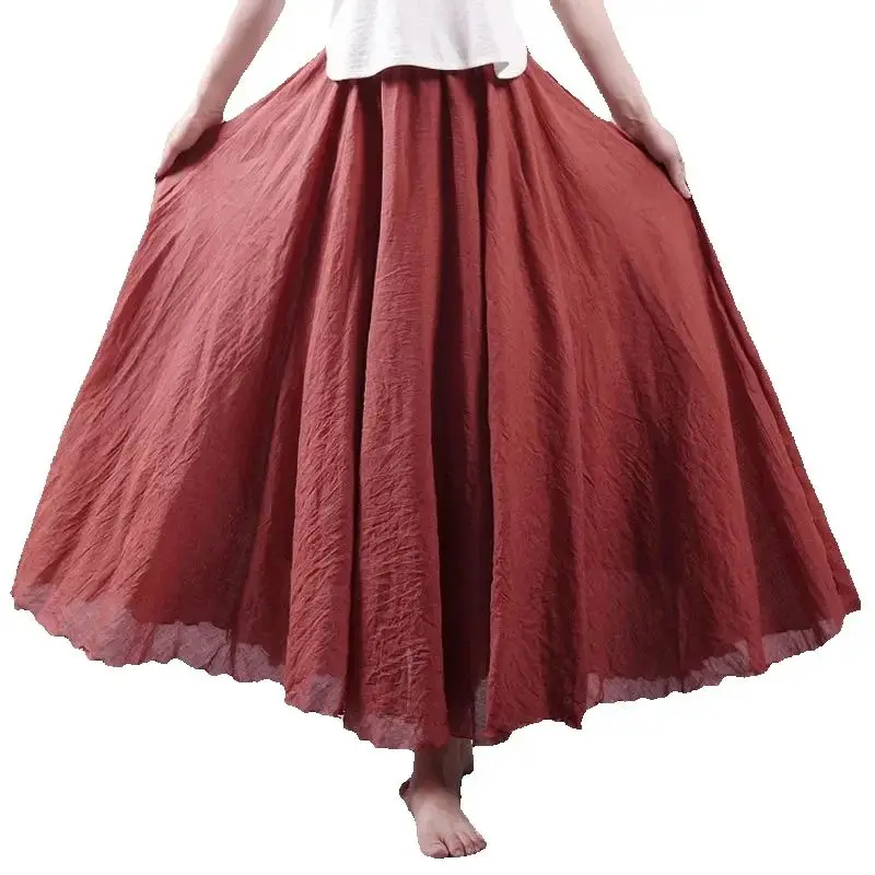

Spring Summer Femme Elastic Waist Skirt Women Fashion Cotton Linen Mid Length Long Skirt Lady High Waist Flounce Flax Maxi Skirt
