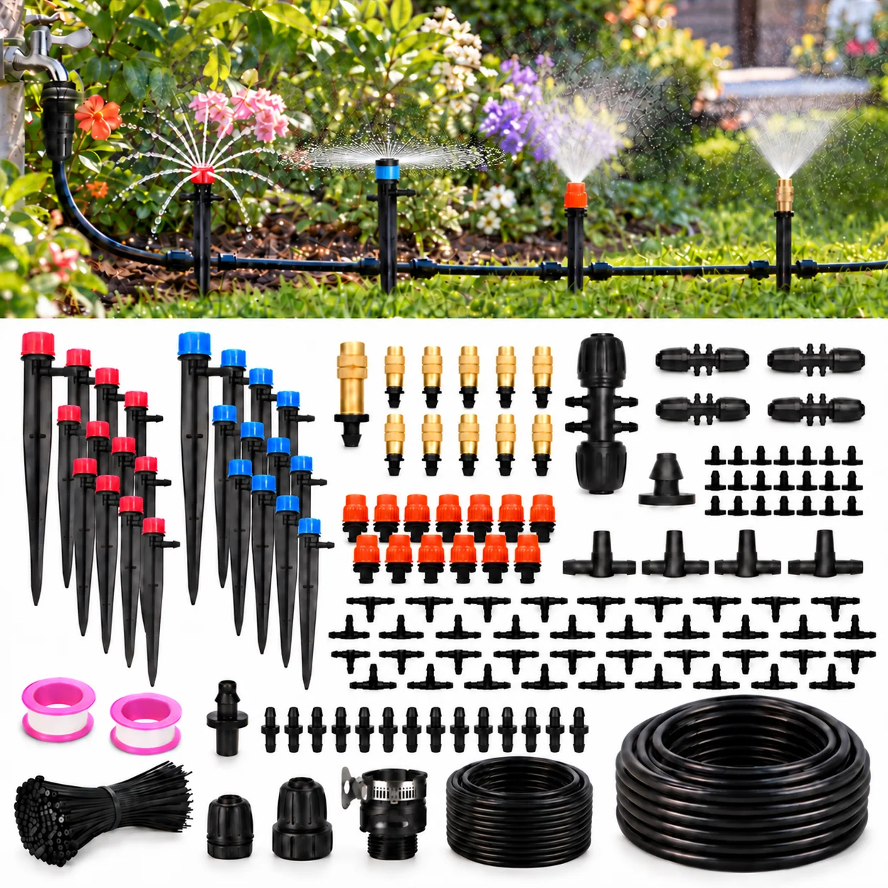 Drip Irrigation Kit 1/2'' 1/4'' hose Adjustable Nozzles Garden Yard Cooling Vegetable Field Outdoor Watering