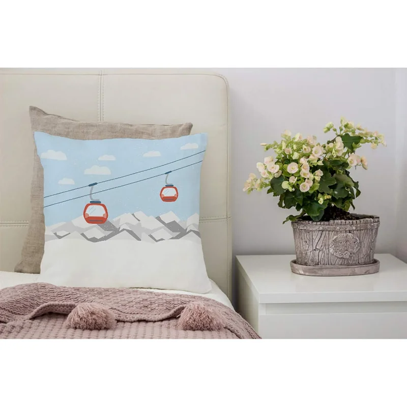 Throw Pillow Covers Blue Cable Red Ski Lift Gondolas Moving in Snow Mountains Car Cotton Linen Decorative Square Pillowcases Cus