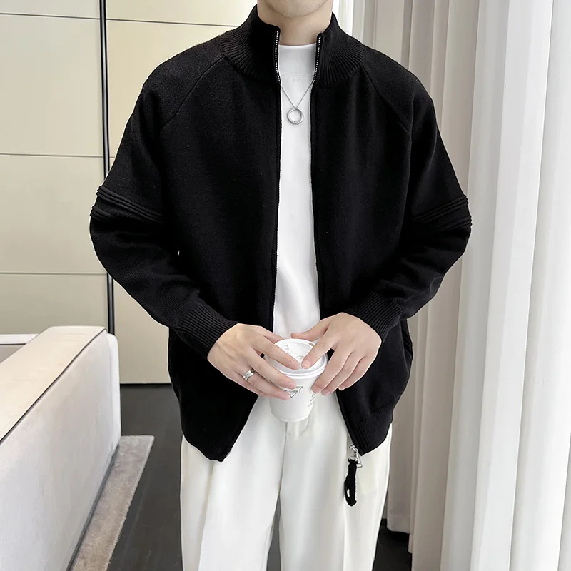 

Men's New Lightly Mature Handsome Top, Stand Collar Solid Color Zipper Knitted Cardigan, Loose Casual Sweater Coat