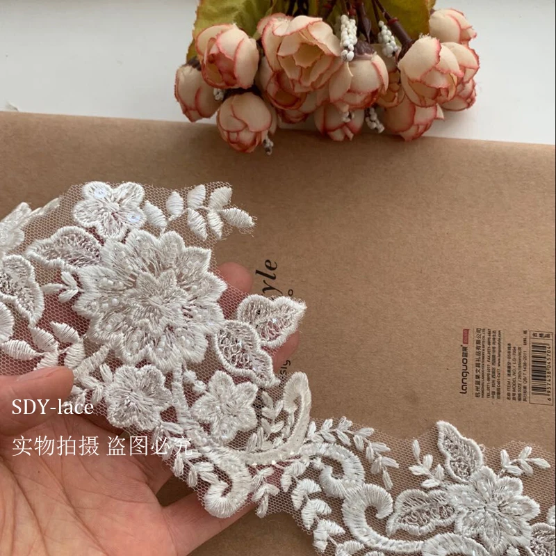 Delicate White Sequin Cording Fabric, Mesh Lace Trim Applique, Sewing Craft for Wedding Decor, Flower Venise, Venice, 7cm Wide