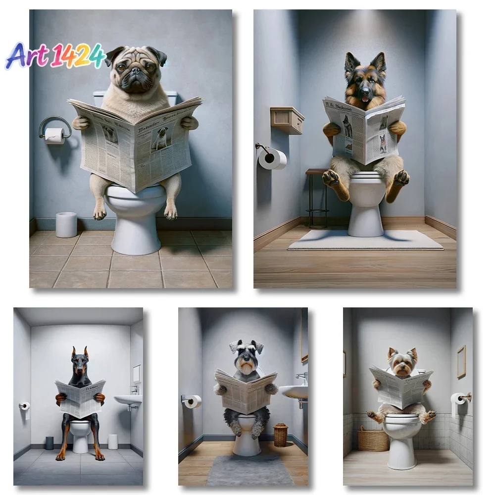 Toilet Dogs Reading Newspapers Funny Posters Rottweiler Doberman Poodle Canvas Painting Bathroom Wall Art Picture Home Decor