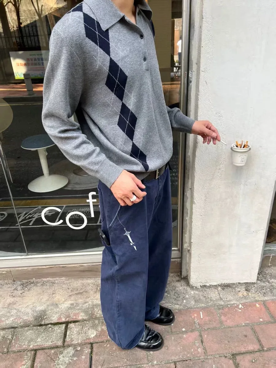 

Retro American Waed Blue Embroidered Loose Men's Jeans Workwear Straight Leg Casual Pants Youthful Energy Polyester Fiber