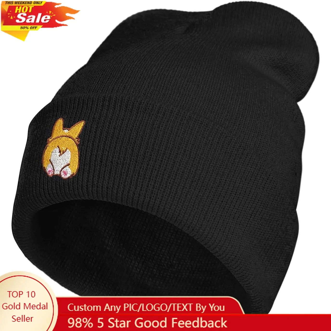 

Cute Dog Butt Funny Beanie Hat for Men Women Winter Warm Beanie Hats Stretch Skull Knit Hat Cap Black