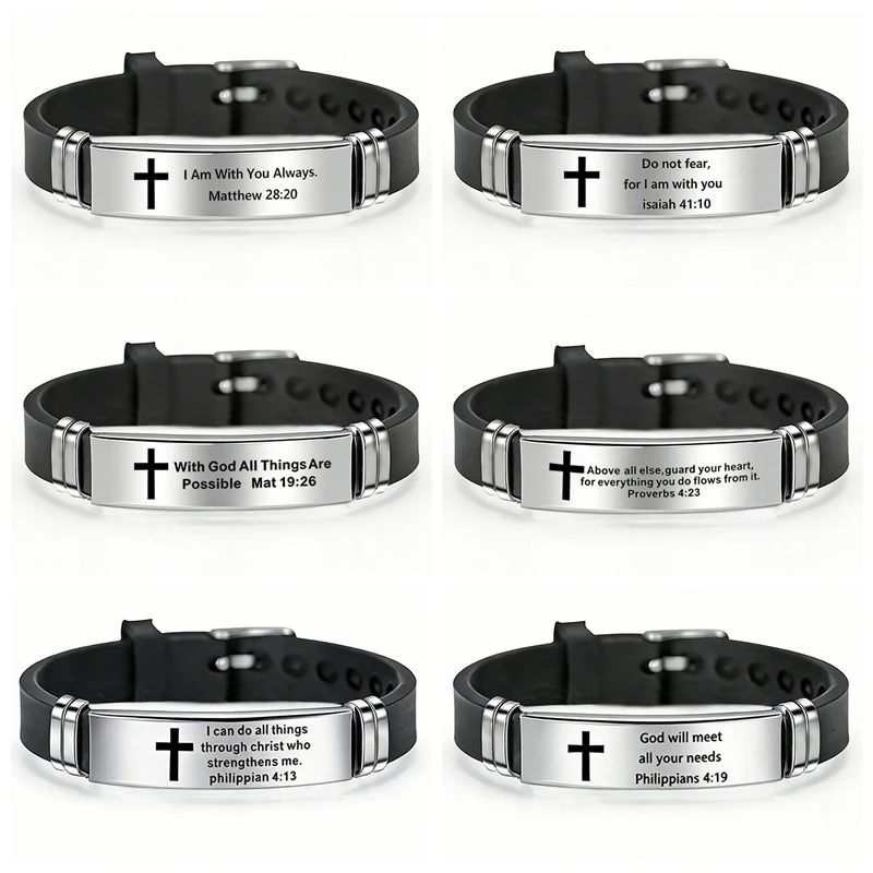 Bracelet religieux avec verset biblique en acier inoxydable et silicone, bracelets chrétiens pour hommes et femmes, bracelets ajustables, bijoux