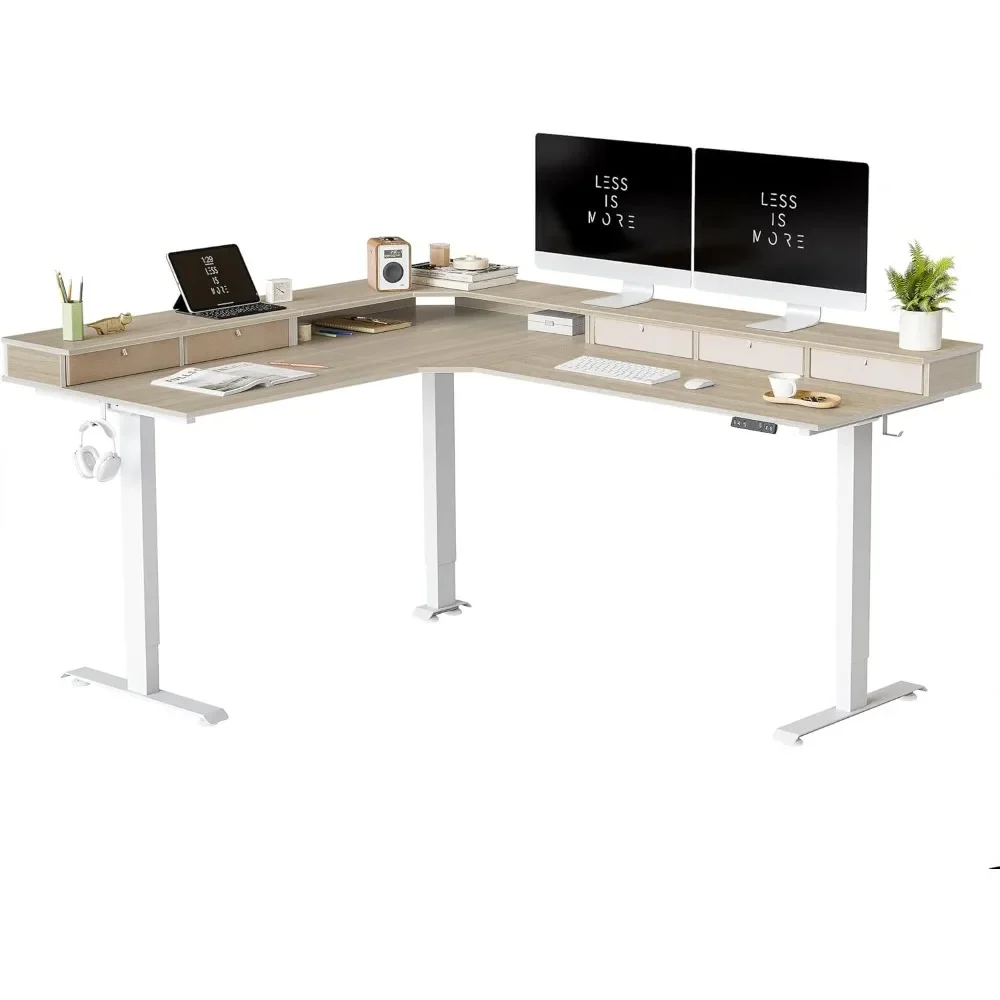 

75"L Shaped Standing Desk With 5 Drawers,Reversible Electric Standing Gaming Desk Adjustable Height,White Frame/Light Walnut Top