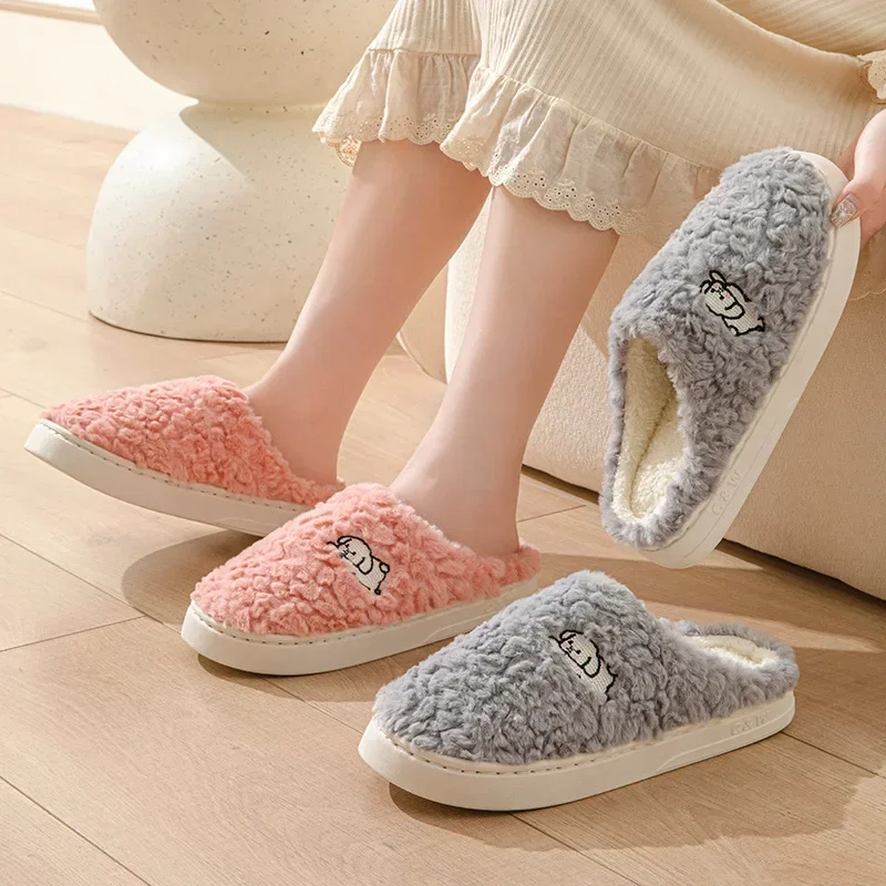 Winter Plush Warm Women Cotton Slippers Casual  Indoor Home Toe Wrap Fluffy Slides Men Anti Slip Autum Dog Cartoon Soft Shoe