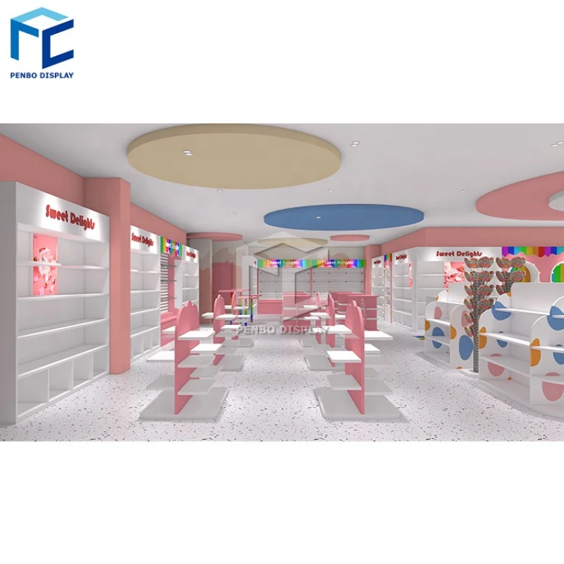 2025customized.Lovely Pink Candy Store Fixtures Design Wooden Sugar Shop Display Stand Customized Design Candy Shop Furniture