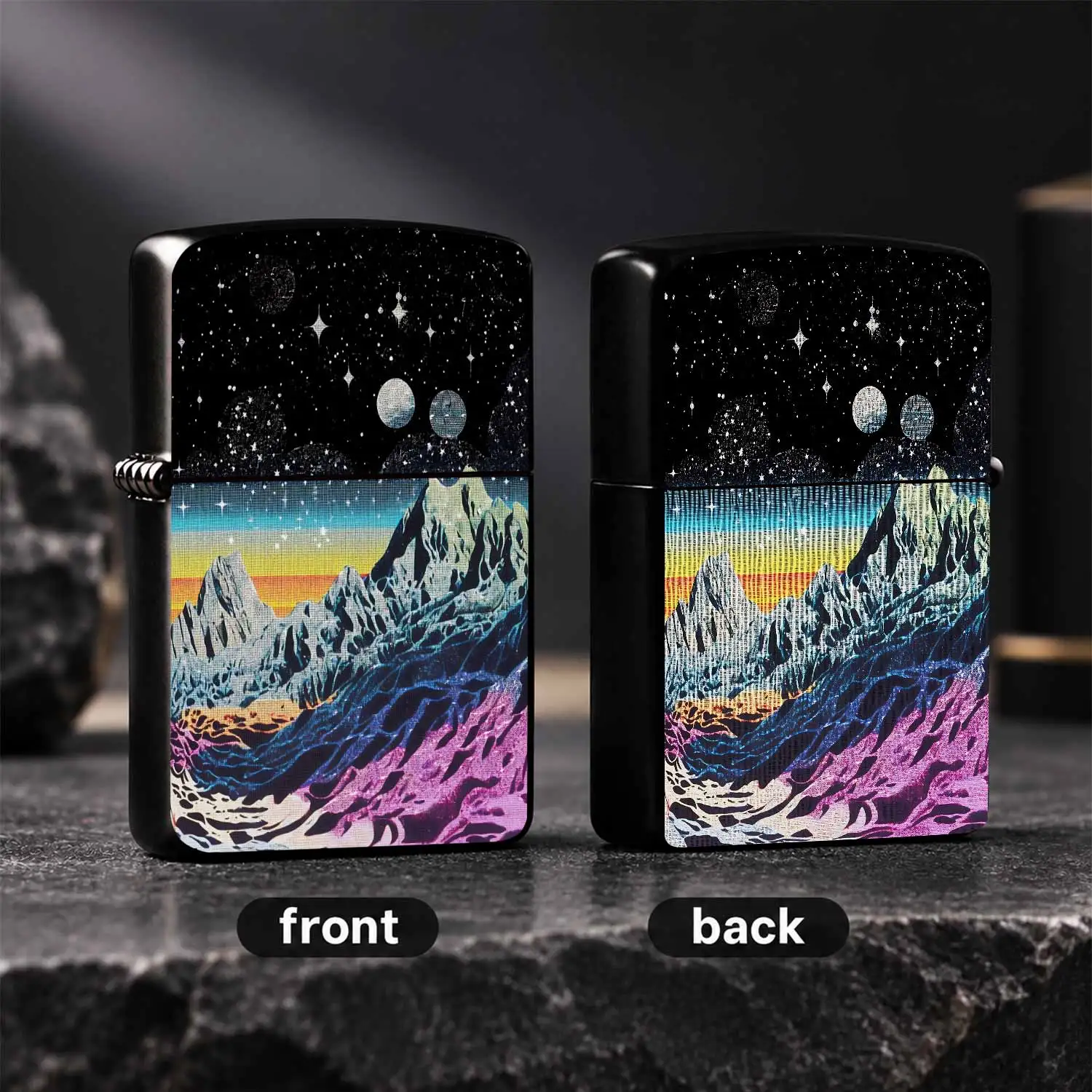 Retro Cosmic Alien Mountain Landscape Lighter, Vintage Screen Print Art Style PORTABLE Igniter, Dream Starry Sky Dual Planets Atmospheric Accessory, Suitable for Daily Use Camping Hiking Travel Multi-scenario Practical A Humorous And Intere