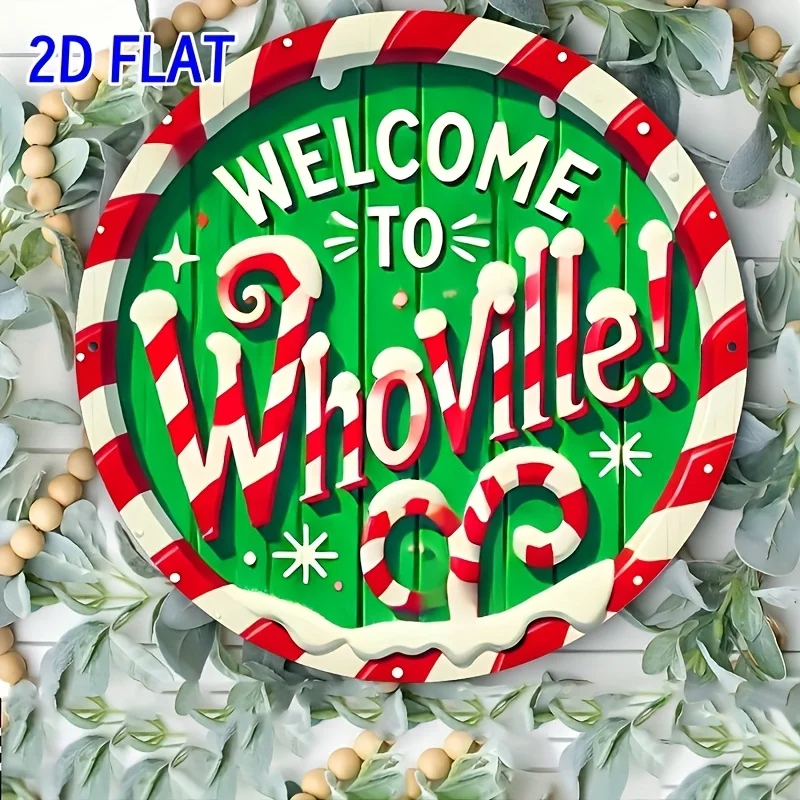 لافتة حائط خشبية دائرية مسطحة ثنائية الأبعاد، قطعة واحدة من "Whoville Welcome" - ديكور عطلة ريفي معاد تدويره مقاس 7.87 بوصة #3