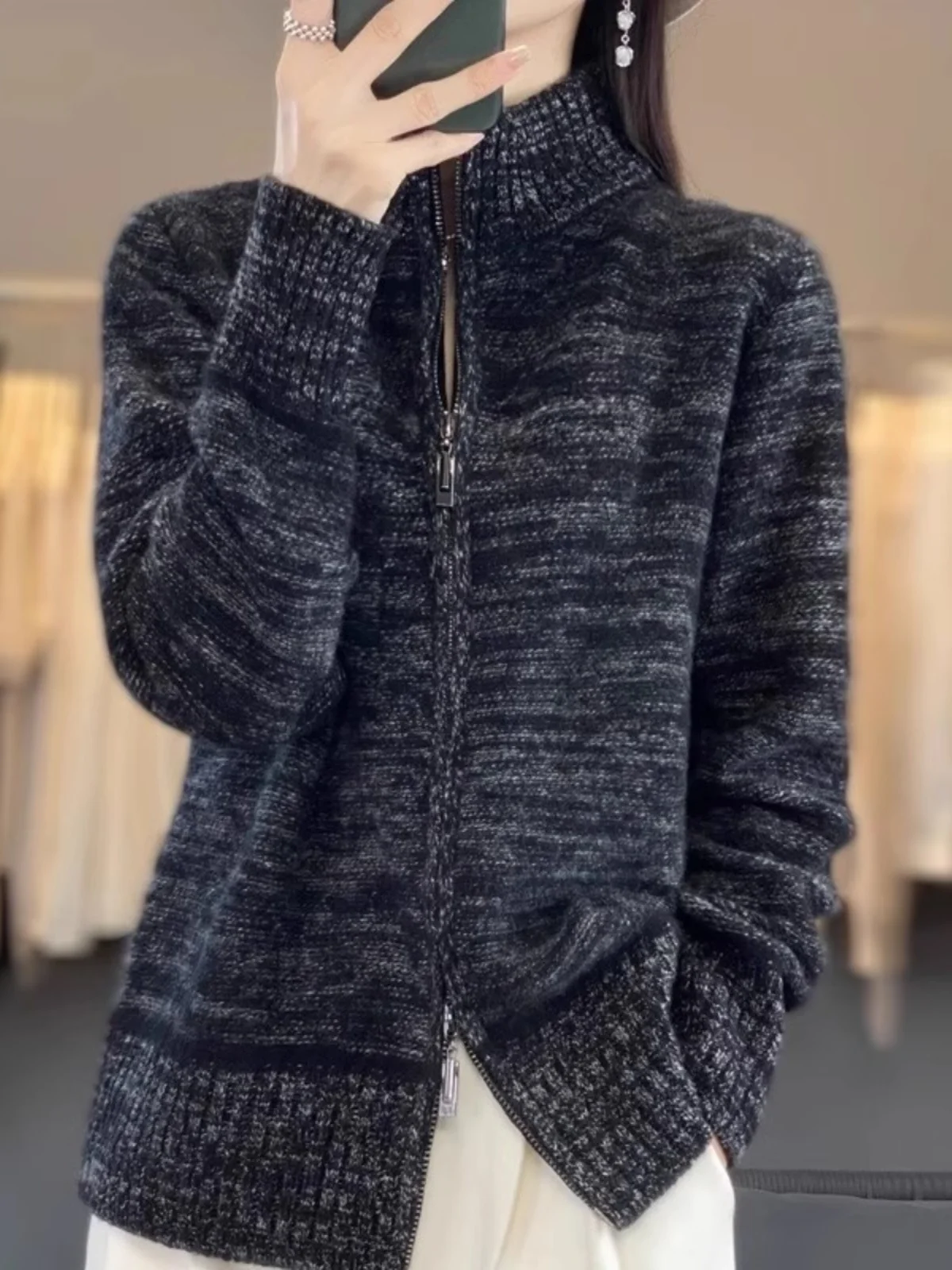 

Брендовый женский шерстяной вязаный кардиган Qingdao, пальто с застежкой-молнией, верхняя одежда Camere на осень и зиму