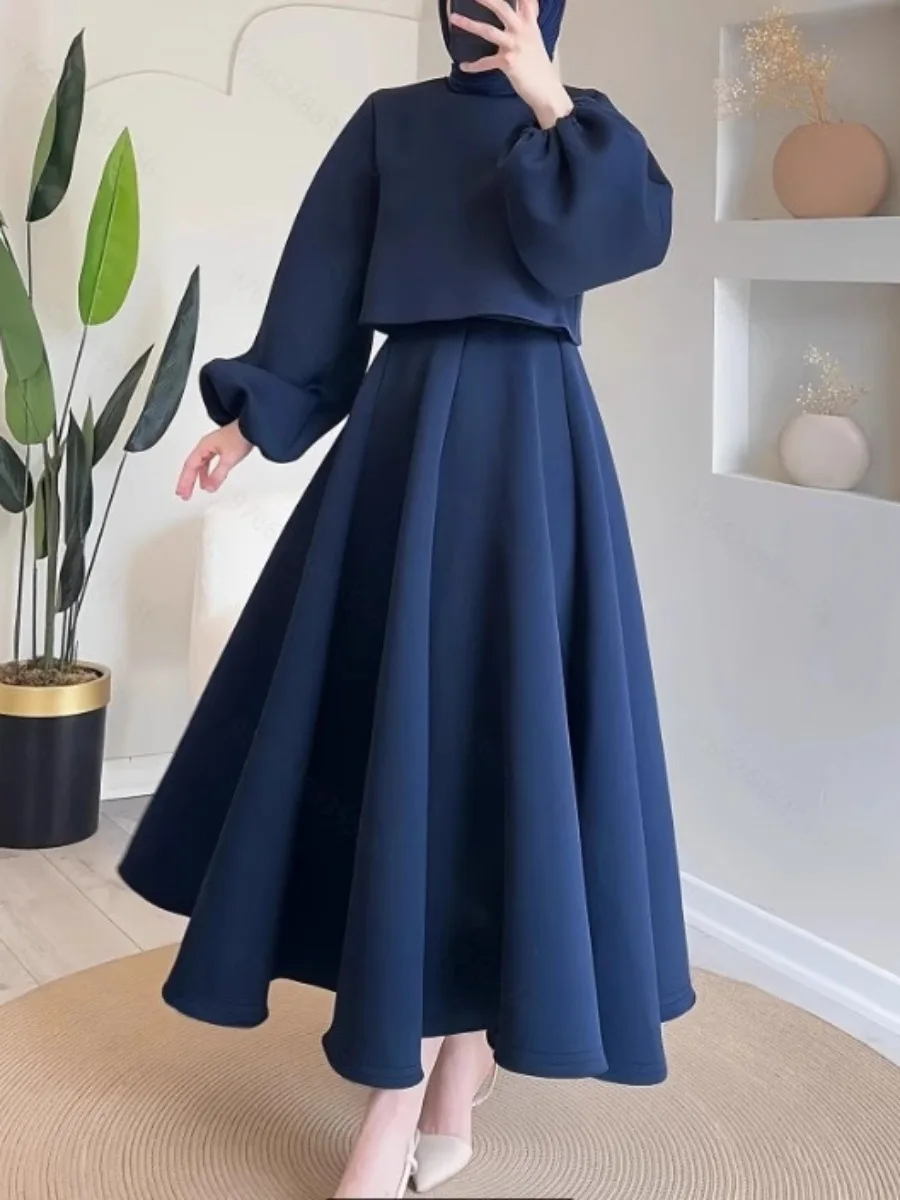 Eid Muslim Skirt Outfits Two Piece Set Women Round Collar Top Long Skirt Suit Ramadan Morocco Dubai Arabic Elegant Ensemble 2025